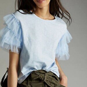 LEA & VIOLA BLUE RUFFLED TULLE TEE SHORT SLEEVES WOMENS XS